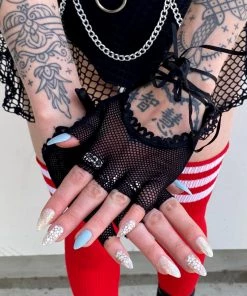 Music Legs Totally Bitchin' Lace-Up Fishnet Gloves Womens