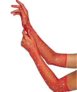 Leg Avenue Womens Red Rhinestone Fishnet Long Gloves