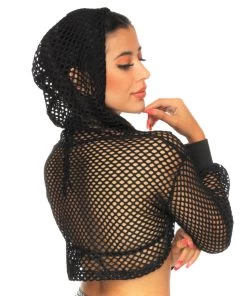AE New Black Fishnet Hooded Shrug