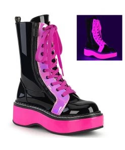Pleasers Demonia Neon Pink UV Reactive Wrapped Platform Mid-Calf Lace-Up Boot Acid Jungle