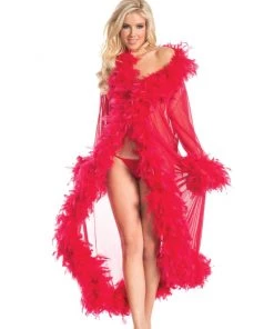 Be Wicked New Lux Doll Sheer Long Robe With Boa Feather Trim
