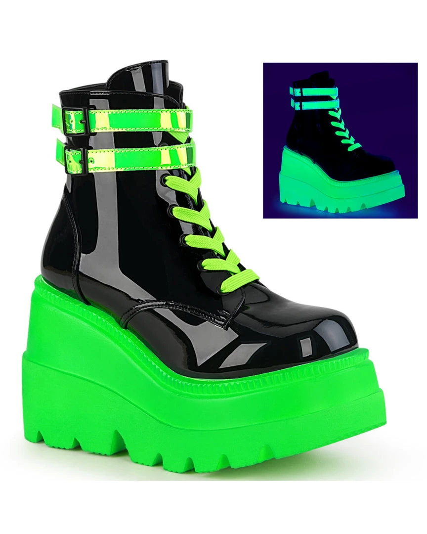 Pleasers Shoes Demonia Neon Green Wedge Platform Lace-Up Front Ankle Boot 2 Pleasers Shoes Demonia Neon Green Wedge Platform Lace-Up Front Ankle Boot