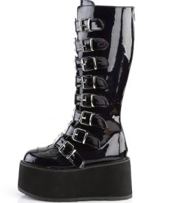 Pleasers Demonia Black Holographic Buckled Knee High Platform Boots