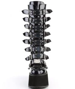 Pleasers Demonia Black Holographic Buckled Knee High Platform Boots