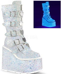 Pleasers Demonia White Multi Glitter Platform Mid-Calf Boots 19 Pleasers Demonia White Multi Glitter Platform Mid-Calf Boots
