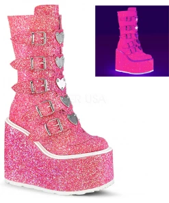 Pleasers Demonia Pink Glitter Platform Mid-Calf Boots Shoes