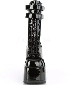 Pleasers Streetwear Demonia Hook 'n Loop Black Patent Mid-Calf Platform Boots