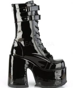 Pleasers Streetwear Demonia Hook 'n Loop Black Patent Mid-Calf Platform Boots