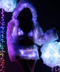 J. Valentine White Furry Lavender LED Cropped Hooded Rave Jacket New