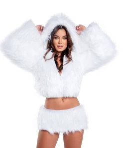 J. Valentine White Furry Lavender LED Cropped Hooded Rave Jacket New