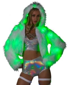 J. Valentine White Furry Green LED Cropped Hooded Rave Jacket
