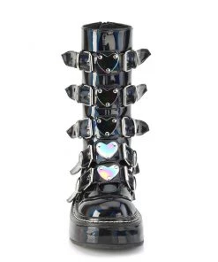Pleasers Shoes Demonia Emily Holo Black Heart-Buckle Boots