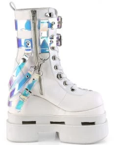 Pleasers Demonia White Triple Tiered Wedge Cutout PF Lace-Up Front Mid-Calf Boot