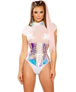 J. Valentine Pink Ice/White Vinyl Holographic Corset Waist Cincher New