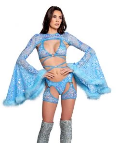 J. Valentine New Aqua Sequin Fur-Trimmed Shrug