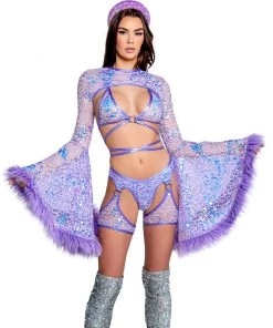 J. Valentine Lilac Sequin Fur-Trimmed Shrug New 17 J. Valentine Lilac Sequin Fur-Trimmed Shrug New