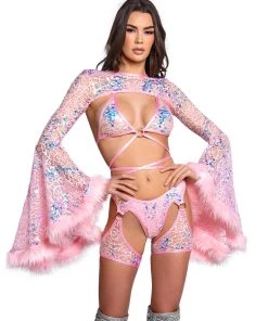 J. Valentine Pink Blush Sequin Fur-Trimmed Shrug New