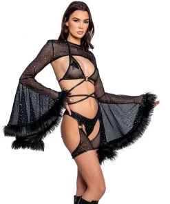 J. Valentine Black Dotted Luv Fur-Trimmed Shrug