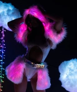 J. Valentine Confetti LED White Fur Belted Skirt New