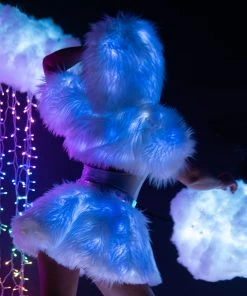 J. Valentine White/Blue LED White Fur Belted Skirt New