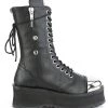 Pleasers Mens Demonia Black Lace-Up Mid Calf Boot With Chrome Toe