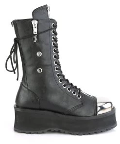 Pleasers Mens Demonia Black Lace-Up Mid Calf Boot With Chrome Toe
