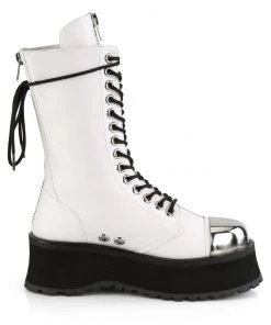 Pleasers Mens Demonia White Lace-Up Mid Calf Boot With Chrome Toe