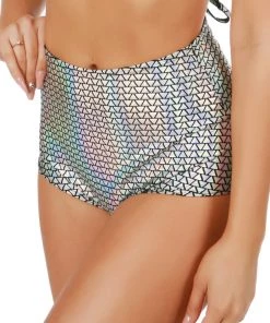 DISCONTINUED Silver Holographic Pyramids High-Waist Booty Shorts