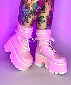 Pleasers Demonia Ashes Baby Pink Fuzzy Cuff Boots Shoes