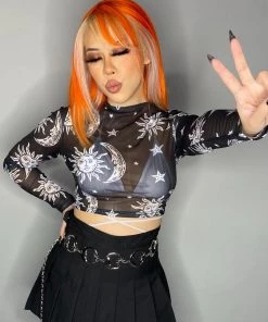 AE Astrology Mesh Sheer Long Sleeve Top New