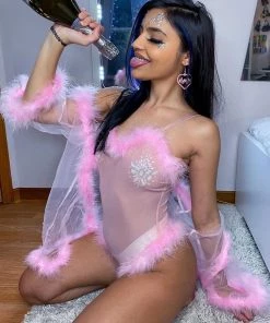 Roma Baby Pink Sheer Marabou Teddy Womens