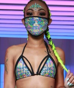 Elizabeth Galactic Prism Caged Halter Bikini Rave Top Womens