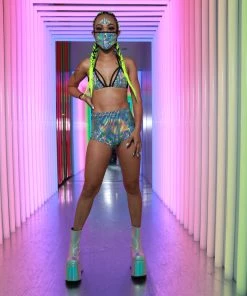 Elizabeth Galactic Prism Caged Halter Bikini Rave Top Womens