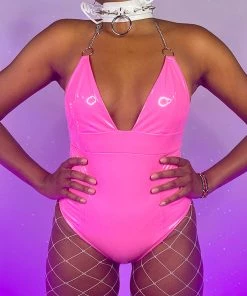OhYes Fashion Neon Pink Urban Nights Vinyl And Chain Bodysuit