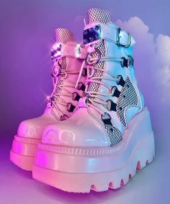 Pleasers Shoes Demonia Shaker Baby Pink Hologram Wedge