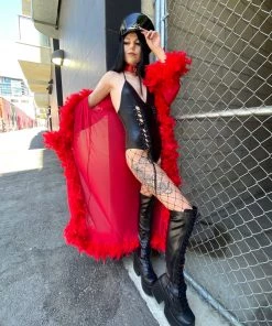 Be Wicked New Lux Doll Sheer Long Robe With Boa Feather Trim