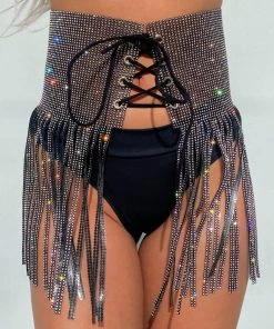 Hengda Fringe Sparkles Rhinestone Front Wrap Skirt