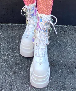 Pleasers Demonia White Triple Tiered Wedge Cutout PF Lace-Up Front Mid-Calf Boot