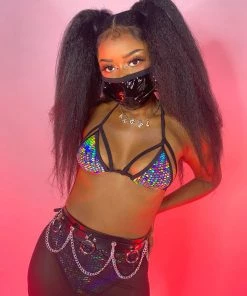 Elizabeth Galactic Prism Caged Halter Bikini Rave Top Womens