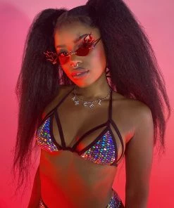 Elizabeth Galactic Prism Caged Halter Bikini Rave Top Womens