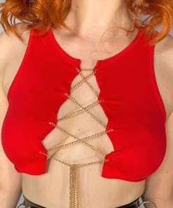 AE Red Peekaboo Chain Tank Top