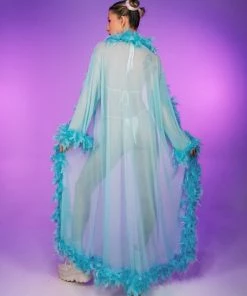Be Wicked New Lux Doll Sheer Long Robe With Boa Feather Trim
