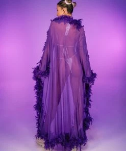Be Wicked New Lux Doll Sheer Long Robe With Boa Feather Trim