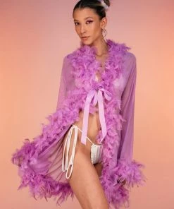 Be Wicked Lady Love Sheer Short Robe With Boa Feather Trim