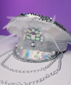 KBW New Pearl & Chain Silver Captain Hat