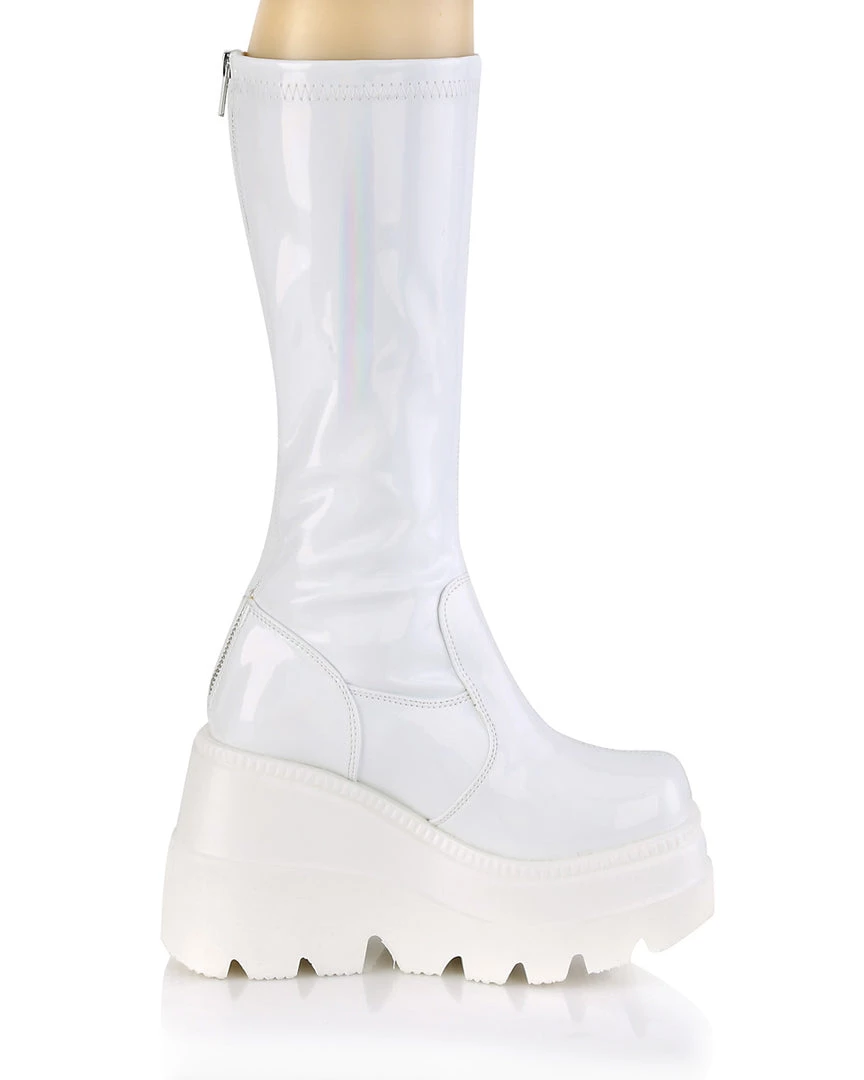 Pleasers Demonia Shaker White Holo Knee High Boots Shoes 8 Pleasers Demonia Shaker White Holo Knee High Boots Shoes
