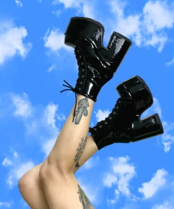 Pleasers Demonia Black Patent Lace-Up Platform Ankle Boots Shoes