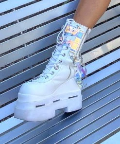 Pleasers Demonia White Triple Tiered Wedge Cutout PF Lace-Up Front Mid-Calf Boot