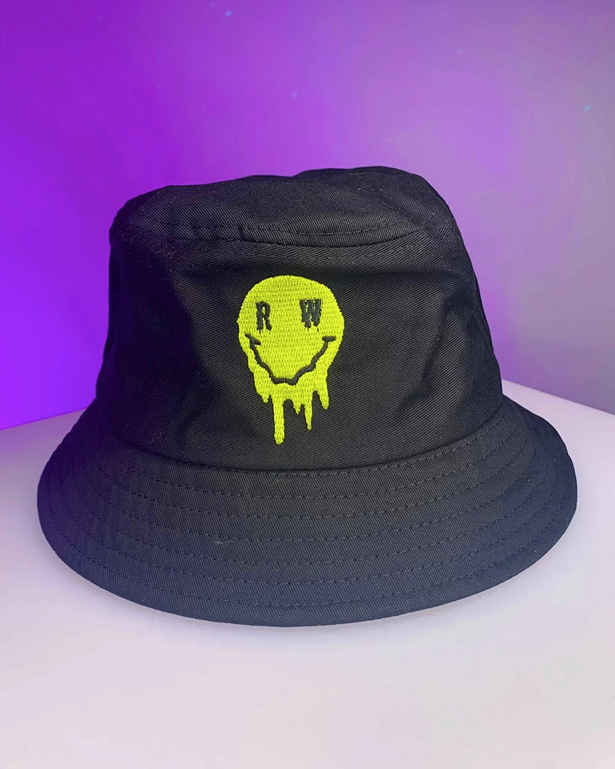 Jarmoo Womens Rave Wonderland Neon Yellow Melting Smiley Bucket Hat 2 Jarmoo Womens Rave Wonderland Neon Yellow Melting Smiley Bucket Hat
