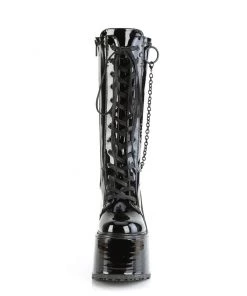 Pleasers Shoes Demonia Swing Patent Black Chain Knee-High Boots